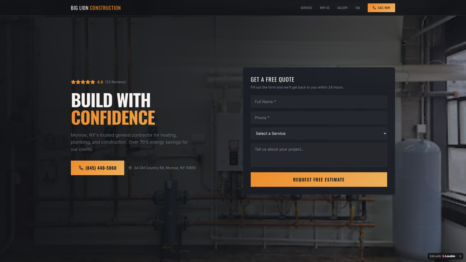Screenshot of the Big Lion Construction website