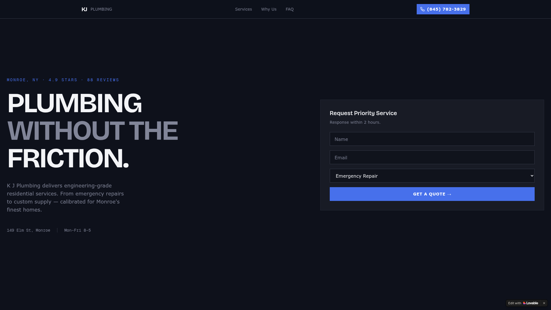 Screenshot of the K J Plumbing website