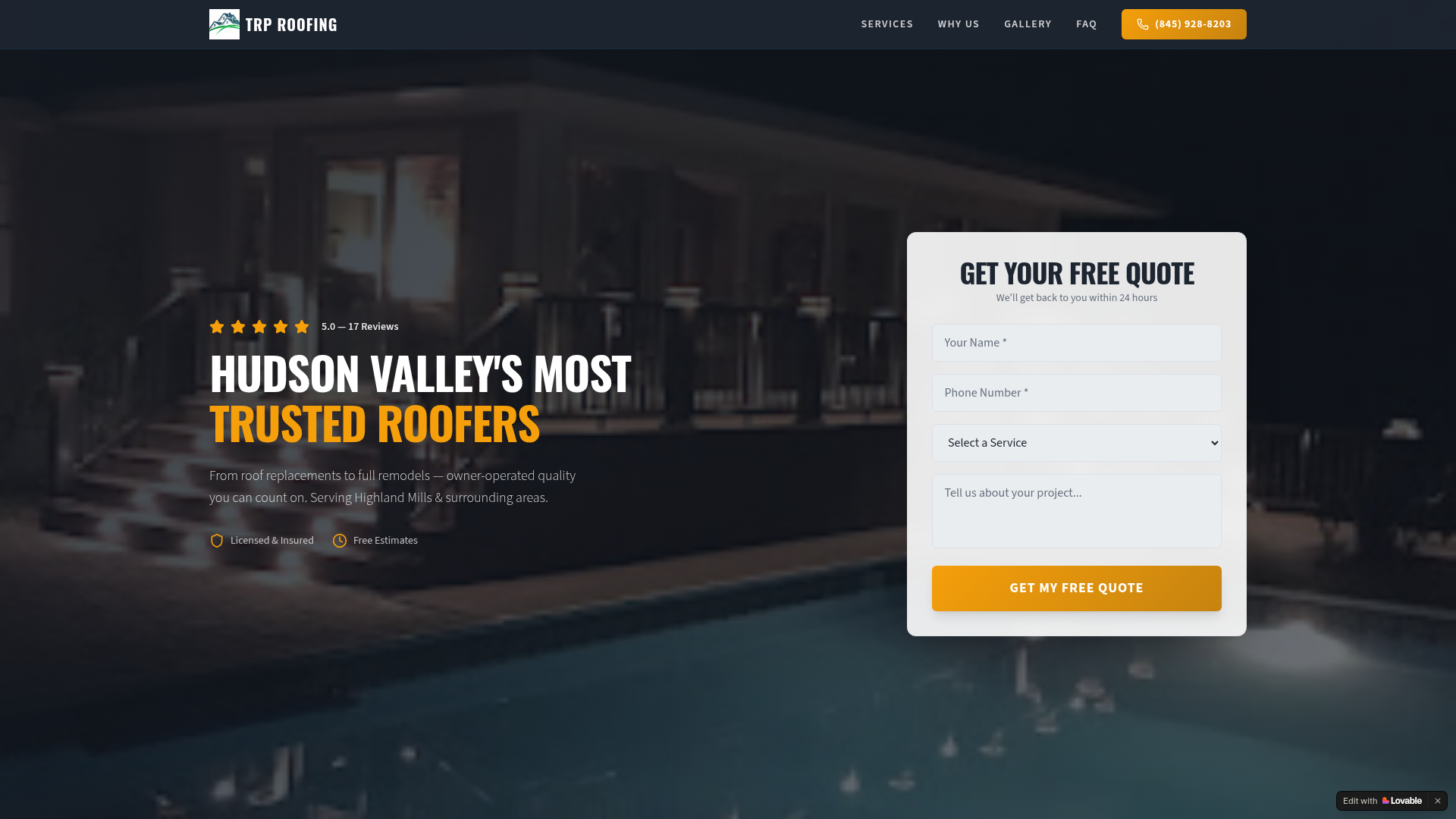 Screenshot of the TRP Roofing website
